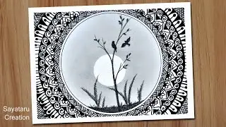How to draw Sunset scenery with pencil, Mandala art for beginners