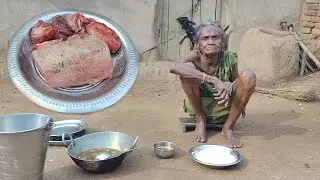 rural old poor Widow Grandma cooking PIG MEAT CURRY & eating with hot rice ||tribal Village cooking