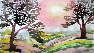 Закат, луг, деревья. Акварель 