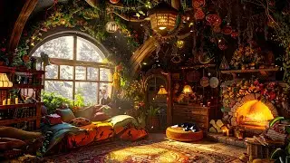 Cozy Bedroom Winter & Exotic Plants Ambience ⛄ Magical Music w Fire & Snow Falling for Relax, Study