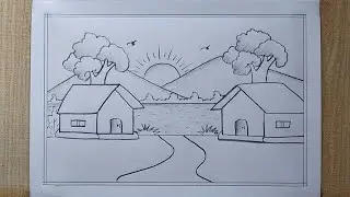 How to draw easy Scenery drawing| Village scenery drawing| House drawing