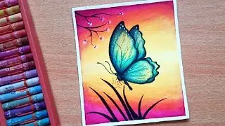 Easy Butterfly Scenery Drawing with Oil Pastels - Step by Step