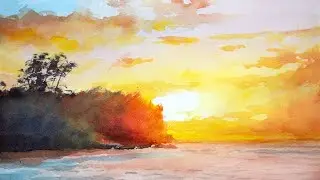 Watercolor painting sunrise on a beach for beginners