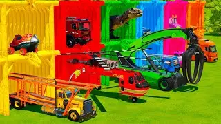 TRANSPORTING MODEL CARS, EMERGENCY VEHICLES & DINOSAUR WITH BIG TRUCKS! Farming Simulator 22