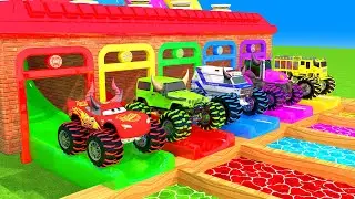 Fountain Crossing With McQueen Monster, Tractor,  School Bus, Fire Truck 3D Vehicles Game Challenge