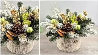 Christmas composition in a warm basket. The perfect gift for the New Year