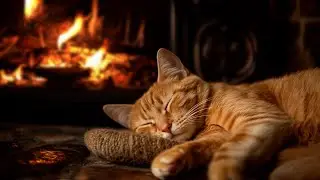 A cozy atmosphere with a purring cat and a crackling fireplace