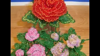 Роза из бисера с резными лепестками. Кустик розочек. Часть 3/5 . // Rose Bead carved petals.