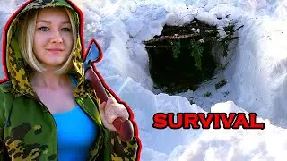 WINTER SURVIVAL SHELTER build | girl in the forest