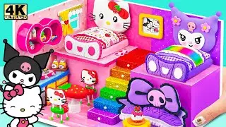 Make Hello Kitty House with Two Bedroom, Purple Room for Kuromi from Cardboard | DIY Miniature House