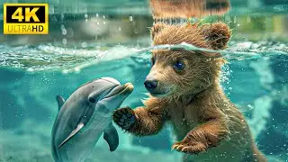 Baby Animals Playing In Water 4K (60FPS) - The Magical World Of Young Animals With Relaxing Music