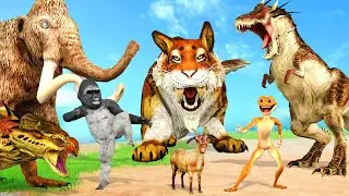 Giant Tiger vs Zombie Dinosaur Fight Cartoon Cow Goat Rescue Saved By Woolly Mammoth Wild Animals