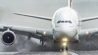 AIRBUS A380 LANDING ON A WET RUNWAY + BOEING 757 smokey CROSSWIND LANDING (4K)