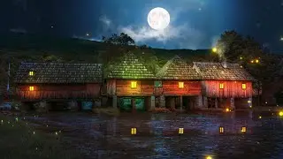 Peaceful Village Ambience - Dog Barking, Crickets, Soft River, Fireflies, Full Moon at Night