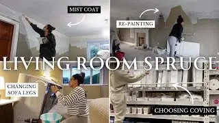 Living room spruce | Painting the ceiling with a mist coat and upgrading the sofa feet