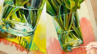 ASMR Oil Painting in real time. How I painted Flower in Glass with oil colours. Realistic Art