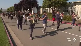 Pioneer Valley High School marching band prepping for Elks Rodeo Parade