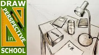 How to draw: Sketch - tablelamp with book, pen and glass in 2 point perspective