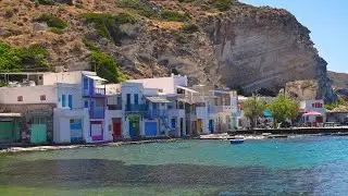 4K Fishing houses of Klima village next to dramatic cliffs on Milos island in Greece