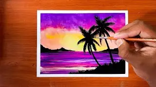 How to draw a beach scenery | Scenery drawing with oil pastel and poster color | Easy drawing video