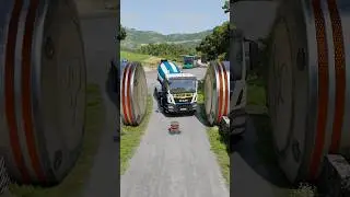 Mix Colour Cement Trucks & Long Bus vs Bollards Crash - BeamNG.Drive 