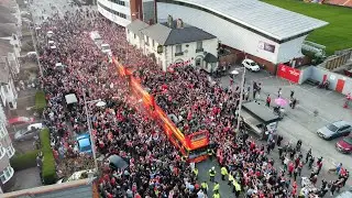 WREXHAM AFC CHAMPIONS & PROMOTION OPEN TOP BUS PARADE 2022/23 Outside the Racecourse Ground Stadium.