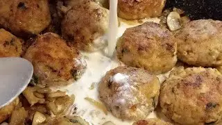 Chicken meatballs in sour cream sauce with mushrooms. Tasty!