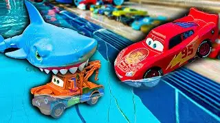 Disney Pixar Cars falling into deep pool, Lightning McQueen, Tow Mater, Mack, Sally, Francesco