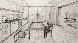 Draw Kitchen in One point perspective - Kitchen sketch