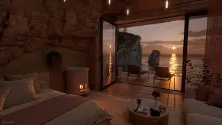 Sunset Beach Villa Ambience | Wave, Crackling Fire Sounds For Sleeping