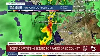 WATCH LIVE: Tornado warning for parts of San Diego County