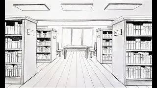 How to draw a library in one point perspective, time-lapse