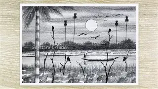 Sunset Nature Scenery Drawing with Pencil Sketch, Pencil Drawing for Beginners