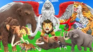 10 Giant Lion Zombie Bull vs 10 Giant Tiger Wolf Attack Lion Cub Cow Cartoon Saved By Woolly Mammoth