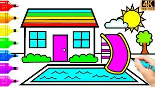 РИСОВАНИЕ ДОМА С БАССЕЙНОМ 🏡🌳🌞 КАК НАРИСОВАТЬ ДОМ - ДЕРЕВО - СОЛНЦЕ 😍 ЛЕГКИЕ ЧЕРТЕЖИ 🌈