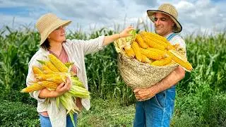 Harvested Corn in a Faraway Village! Cooking Big Turkish Cag Kebab and Canning Corn for Winter