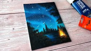 campfire under aurora night sky ✨️ easy acrylic painting for beginners