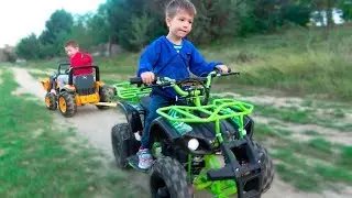 Kids Ride on Power Wheels with Quad Bike and towing 12V Bulldozer - Video for Children