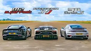 Lamborghini Aventador SVJ v Ferrari 812 v Porsche 911 Turbo S: DRAG RACE