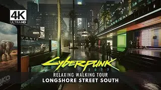 Cyberpunk 2077 - Relaxing Walking Tour - Longshore Street South - Night City - 4k