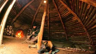 Building a Hunter Hut with a Fireplace - Bushcraft Shelter from Wood and Clay (Part:2)