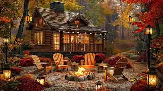 Autumn Day at Outdoor Cafe Shop Ambience 🍁 Warm Jazz Music & Fireplace Sounds for Relaxing, Working