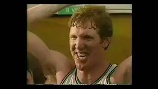 Celtics 1986 NBA championship locker room celebration, trophy presentation, interviews w/ Musburger