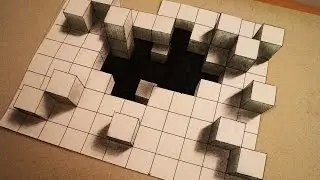 How to draw -  deep hole from 3d cubes - one point perspective - Optical illusion