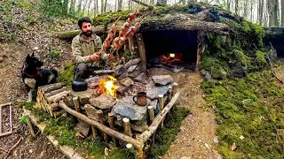 3 Days BUSHCRAFT Solo CAMPING, Building a WOOD and ROCK Survival SHELTER & Fireplace, Quail Cooking