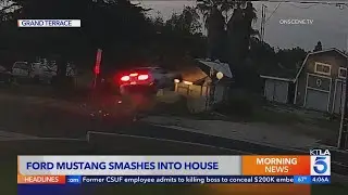 Out-of-control car goes airborne before smashing into home