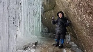 Winter Camping Under Frozen Waterfall in Survival Shelter Hot Tent - Winter Backpacking & Hiking