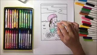 Color the girl riding a bicycle and wearing a pink helmet