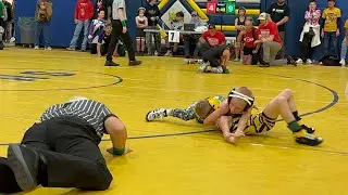 Little blonde hair wrestler wins his first 8u tourney with all FALLS! Not so funny any more…he is 7!
