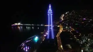 birds eye drone view blackpool tower illuminations